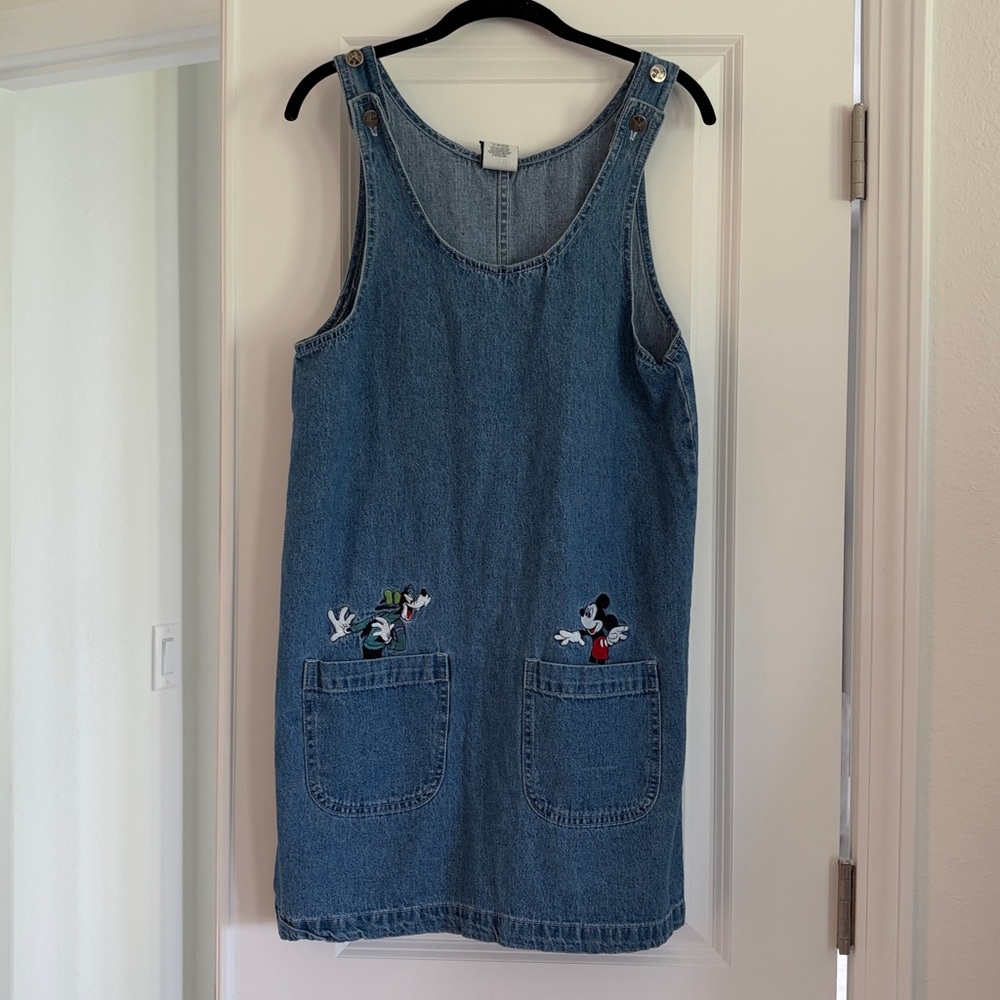 VTG Disney Overall Dress Women S Blue Denim Mickey Goofy Embroidered Jerry Leigh